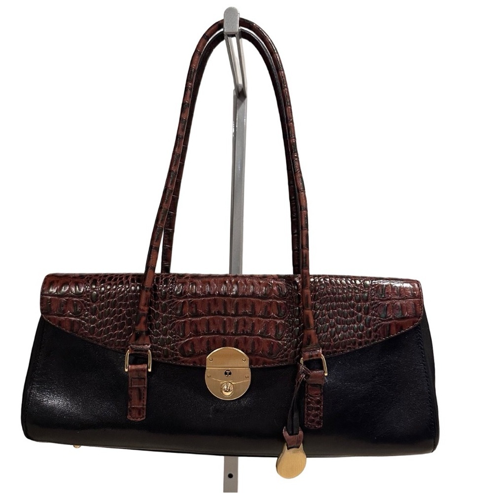 Vintage Brahmin Tuscany Collection Croc Embossed Leather Satchel Black Brown GUC - Picture 6 of 16
